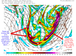12z CMC Model IDEA for 500mb height, vorticy, wind speed/direction on Monday at 7:00PM