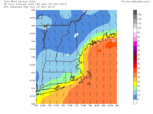 0z GFS model IDEA regarding wind speeds. Forecast valid 1PM Monday, wind speeds in knots.