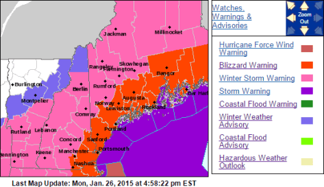 Official Warning Map From NWS Gray Showing Blizzard Warnings Along The Coast With Winter Storm Warnings Inland