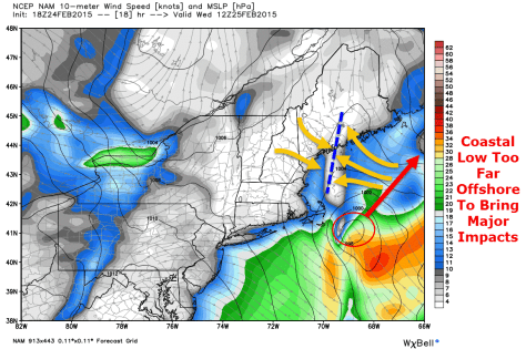 18Z NAM Showing A Distinct Wind Shift Line (Orange Arrows/Blue Dashed Line) Over Midcoast Maine At 7 AM Tomorrow. Credit: Weatherbell