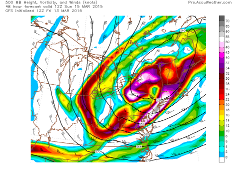 12Z GFS Showing A Strong Upper Low That Will Help To Extend Snow Well Into Sunday. Credit: Accuweather