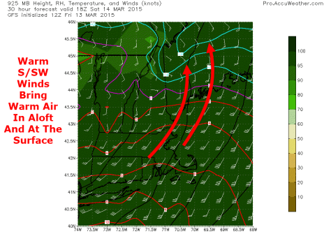 12Z GFS Valid At 1 PM Tomorrow Showing Warm Air Streaming In At 2500 Feet. Credit: Accuweather