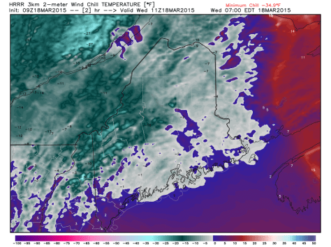 HRRR Model Showing Bitterly Cold Wind Chills This Morning. Credit: Weatherbell