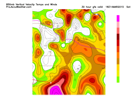 12Z GFS Showing A Lack Of Intense Upward Motion Resulting In A Lack Of Heavy Precip. Image Credit: Accuweather
