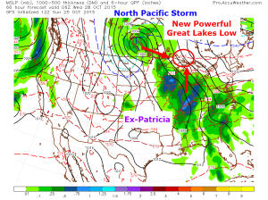 12Z GFS Model Showing Ex Patricia And The North Pacific Low Preparing To Combine Early Wednesday. Image Credit: Accuweather Additions By Me.