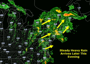 5:30 PM Radar Showing Rain Approaching From The West. Use The Satellite/Radar Page To Follow Along All Evening Long. Image Credit: Accuweather Additions By Me