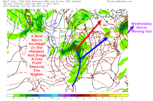 12Z GFS Model Showing The Larger Scale Pattern Heading Into Thursday's Rain Event. Map Credit: Accuweather Wth Annotations By Me.