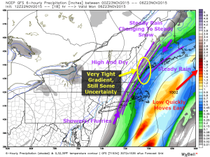 12Z GFS Giving Us An Overview Of The Storm, Map Credit: Weatherbell, Annotations By Me.