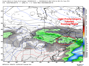 12Z CMC Showing Light Precip Lingering Tuesday Evening. Image Credit: Weatherbell