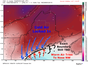 12Z CMC Showing A Tight Temperature Gradient Along The Coast Associated With The Coastal Front. Image Credit: Weatherbell