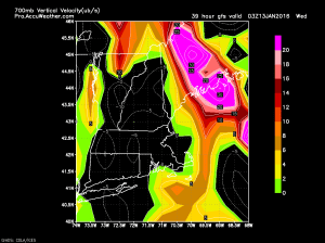 12Z GFS Showing Snow Bands Firing Up More Along The Midcoast Than The ME-NH Border. Credit: Accuweather
