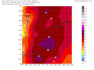 18Z NAM Showing A Strong But Not Ridiculous Low Level Jet Thursday Morning. Image Credit: Weatherbell