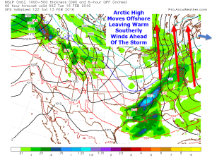 12Z GFS Showing The Arctic High Moving Offshore Monday Evening Leaving In Its Wake Warm Southerly Winds. Image Credit: Accuweather