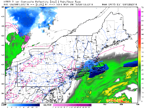 HRRR Model Showing Heavy Snow Remaining South But Light Snow Impacting Maine Today. Credit: Weatherbell