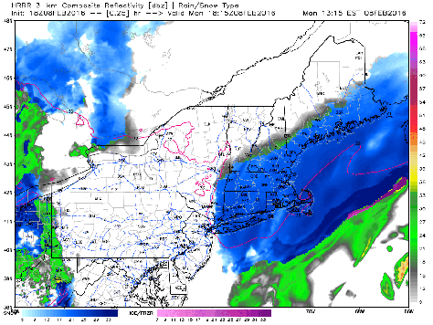 HRRR Model Showing The Evolution Of Light Snow Tonight Through Early Tomorrow Morning. Credit: Weatherbell.