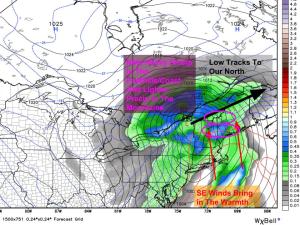 18Z GFS Sets Up Our Next Storm. Note The Warmer Westerly Track. Image Credit: Weatherbell