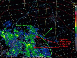 5:00 PM Observations Showing Precip Moving In  Associated With Tonight's Storm. Image Credit: COD 
