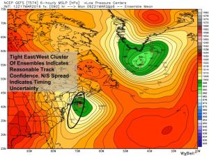 12Z GEFS Ensembles Showing Reasonably High Track Confidence But Slightly Lower Timing Confidence. Image Credit: Weatherbell