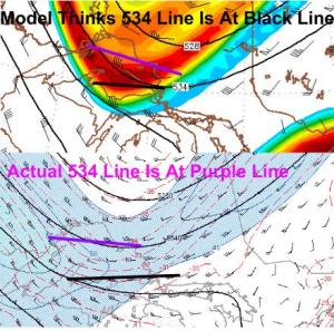 A Comparison Of Observed Reality To Model Forecasts For The Same Time (5 PM This Evening). Image Credit: Accuweather and SPC