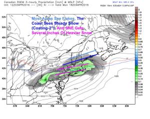 12Z RGEM Showing The Setup Tomorrow Morning With Light Snow. Image Credit: Weatherbell