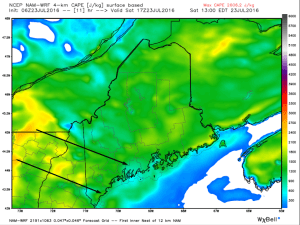 Hi-Res NAM Showing Modest Instability With More Unstable Air Moving In From The West. Image Credit: Weatherbell