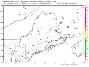 HRRR Model Showing Widely Scattered Showers Across Maine And New Hampshire This Afternoon. Credit: Weatherbell