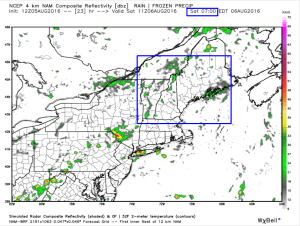 12Z 4km NAM Showing Scattered Light Showers Early Tomorrow Morning. Image Credit: Weatherbell