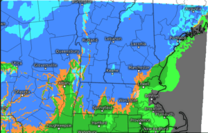 Kachelmann Swiss Model Showing Moderate Snow Across Much Of The Area By 1PM With Coastal Rain. Credit: Kachelmann