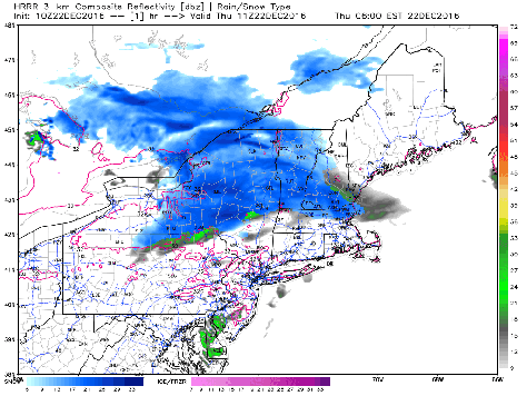 HRRR Showing Light Snow For Most Of The Area Today. Credit: Weatherbell