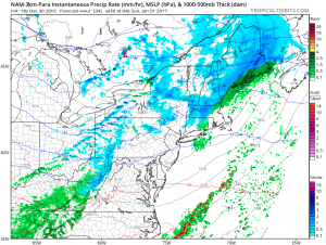 High Res NAM Showing Light To Moderate Snow Late Tomorrow Night. Credit: Tropical Tidbits