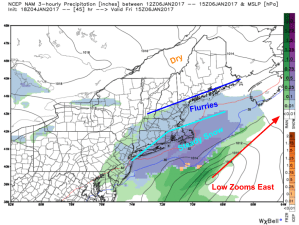 18Z NAM Showing Coastal Flurries Tomorrow Morning. Image Credit: Weatherbell