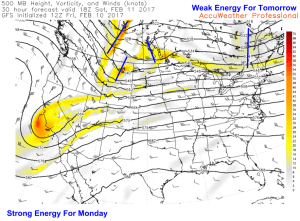 12Z GFS Showing Weak Energy Approaching Tomorrow With Stronger Energy Over The NW Plains For Monday. Image Credit: Accuweather
