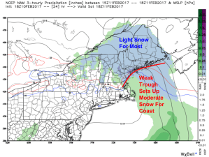 18Z NAM Showing Light To Moderate Snow Tomorrow Afternoon. Image Credit: Weatherbell