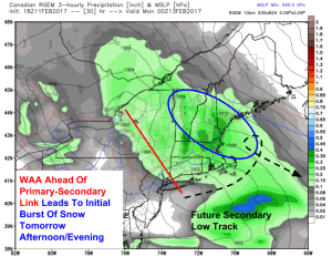 18Z RGEM Showing Moderate Bands Of Precip Sunday Evening. Image Credit: Weatherbell
