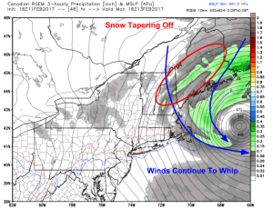18Z RGEM Showing Snow Moving Out Monday Afternoon. Image Credit: Weatherbell