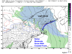 18Z NAM Showing Light Snow Saturday Afternoon. Image Credit: Weatherbell
