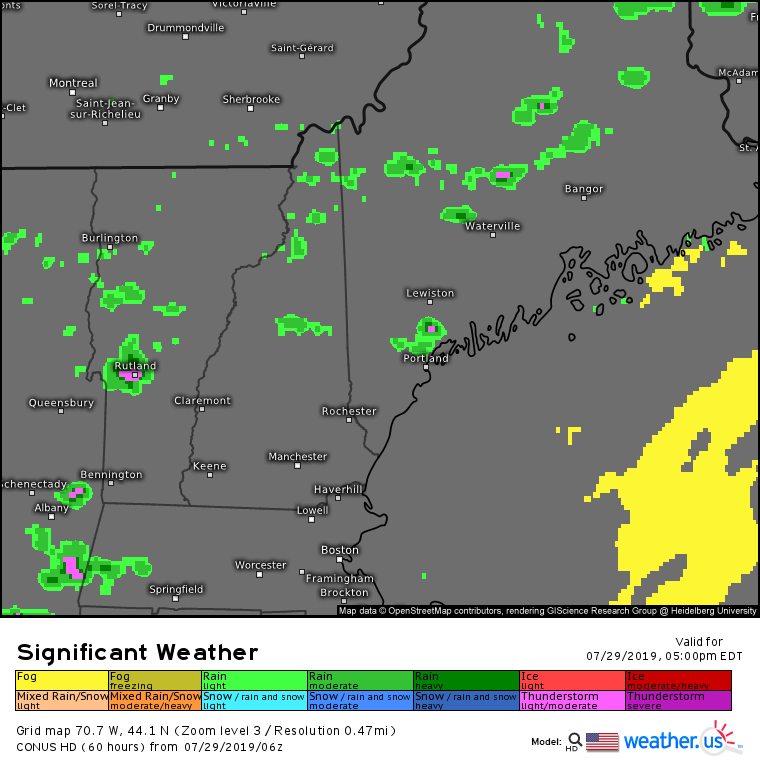 3km NAM model showing widely scattered showers and storms this afternoon/evening across Northern Maine and New Hampshire